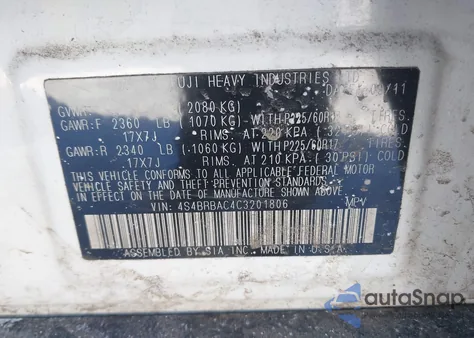 2012 Subaru Outback 2.5I from USA, damaged, VIN 4S4BRBAC4C3201806